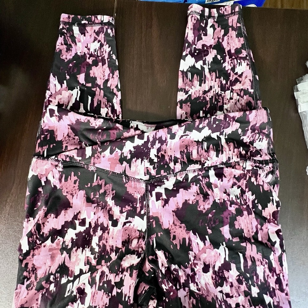 Athletic Works Pink Black Print Leggings L 12-14 High Rise Stretch Active